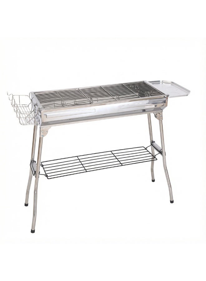 Charcoal BBQ Grill Portable Stainless Steel Outdoor Barbecue Stand with Side Seasoning Tray, Lower Storage Shelf, and Reinforced Grill Grate for Family Camping & Garden Parties - Image 3